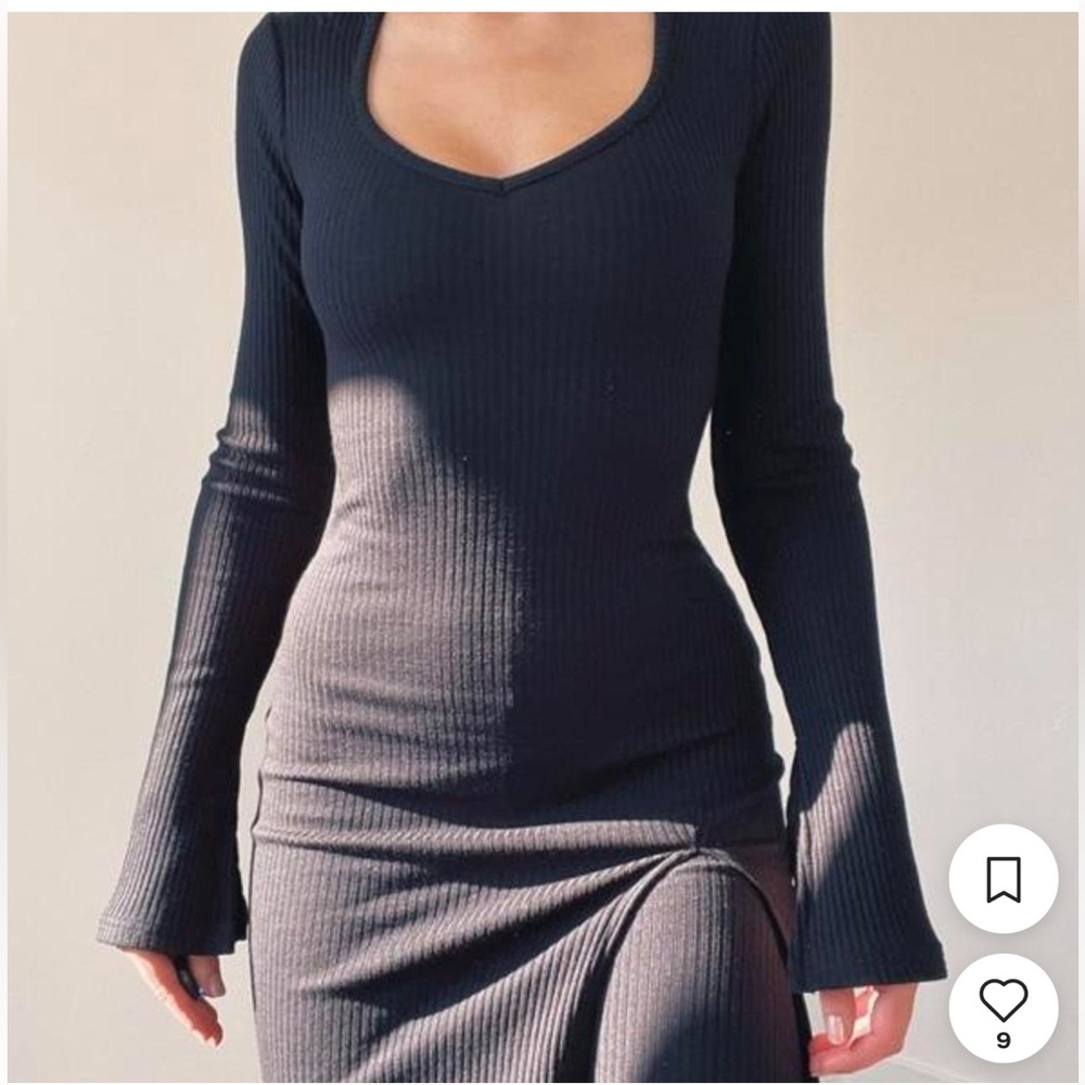AYM Sweater Bodycon Ribbed Long Sleeve V Neck Cotton Blend Mini Dress XS